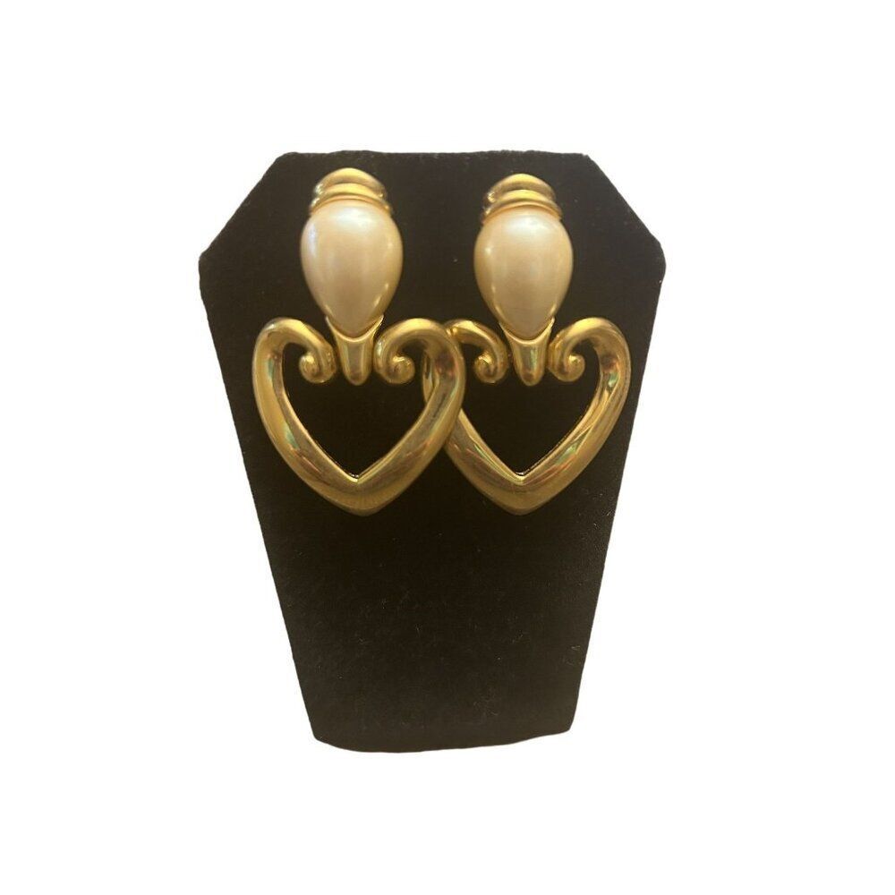 Premier Designs Gold-Tone Heart Dangle Earrings With Faux Pearl Accent